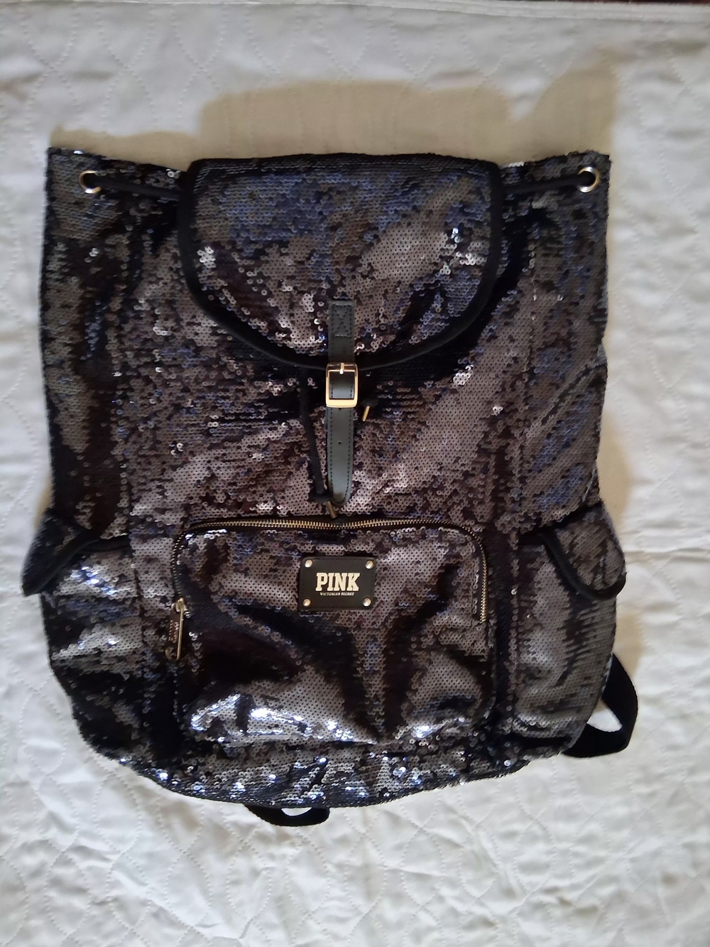 PINK Victoria's Secret Black Sequin Flap Backpack